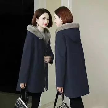 Зимнее пальто большого размера с упитанной и увеличенной шерстью, женское, средней и длинной длины, свободное, имитация овечьей шерсти, пальто с подкладкой из хлопка M 85-52.5 kg тёмно-синий