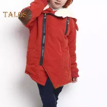 Зимнее пальто Bys, плотная флисовая подкладка, застежка-молния, средняя длина, капюшон, пэчворк, длинные рукава, однотонная детская куртка на молнии для детей 4-12 лет 110cm кирпич красный