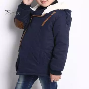 Зимнее пальто Bys, плотная флисовая подкладка, застежка-молния, средняя длина, капюшон, пэчворк, длинные рукава, однотонная детская куртка на молнии для детей 4-12 лет 110cm темно-синий