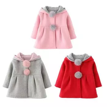 Зимнее пальто для девочек, хлопковая куртка с милыми кроличьими ушками и капюшоном для детей, теплая верхняя одежда на пуговицах для девочек, ветровка, зимняя одежда 100