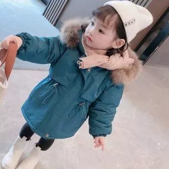 Зимнее пальто для девочек, плюс бархатная теплая куртка для девочек, парка, зимний комбинезон, модная верхняя одежда с капюшоном для подростков и детей 140cm чёрный