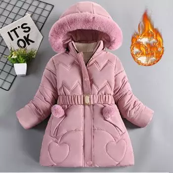 Зимнее пальто для девочек, сохраняющее тепло, утепленная детская куртка с капюшоном, молния, меховой воротник, верхняя одежда для принцесс, детская одежда 150cm чёрный