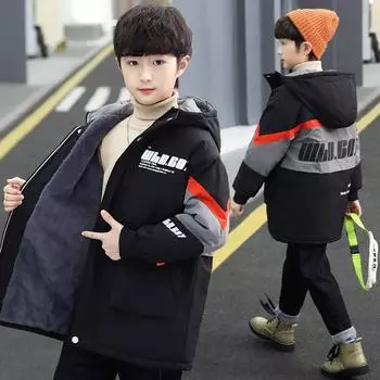 Зимнее пальто для мальчиков, куртка из хлопка, верхняя одежда, стильный утолщенный бархат, зимняя теплая меховая флисовая детская одежда 170cm