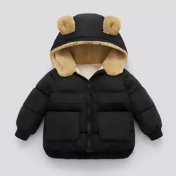 Зимнее пальто для малышей с рисунком медведя из мультфильма, толстая флисовая подкладка, верхняя одежда с капюшоном для детей 100