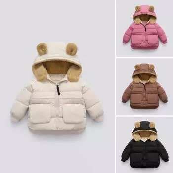 Зимнее пальто для малышей с рисунком медведя из мультфильма, толстая флисовая подкладка с капюшоном, верхняя одежда для детей, термобелье 90 cm верблюд