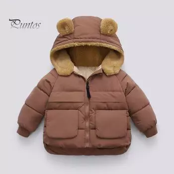 Зимнее пальто для малышей с рисунком медведя из мультфильма, толстая флисовая подкладка с капюшоном, верхняя одежда, детское термопальто из хлопка с карманами для школы, повседневной жизни, путешествий 100