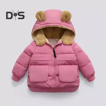 Зимнее пальто для малышей с рисунком медведя из мультфильма, толстая флисовая подкладка с капюшоном, верхняя одежда, детское термопальто из хлопка с карманами для школы, повседневной жизни, путешествий 100