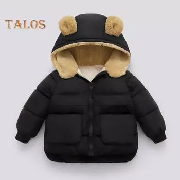 Зимнее пальто для малышей с рисунком медведя из мультфильма, толстая флисовая подкладка с капюшоном, верхняя одежда, детское термопальто из хлопка с карманами для школы, повседневной жизни, путешествий 90 cm