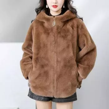 Зимнее пальто для мамы Куртка из искусственного меха Короткая и толстая куртка из искусственного норкового бархата Женский топ с капюшоном среднего и старшего возраста с интегрированным мехом M