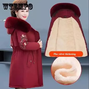 Зимнее пальто для мамы, толстая пуховая стеганая куртка, куртка с хлопковой подкладкой для среднего и пожилого возраста, женская стеганая куртка средней длины XL бордовый