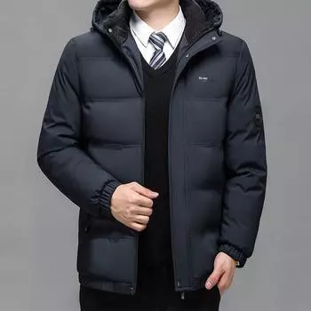 Зимнее пальто для папы, мужская одежда среднего возраста из флиса с утолщенным пухом и хлопковой подкладкой, зимняя куртка с хлопковой подкладкой для дедушки среднего и пожилого возраста L чёрный