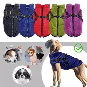 Зимнее пальто для собак, ветрозащитная куртка для собак, теплая термоодежда для домашних животных со шлейкой, одежда для прогулок с собакой в холодную погоду XL чёрный