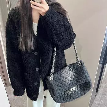 Зимнее пальто из искусственного меха ягненка с V-образным вырезом, высококачественное утолщенное шерстяное пальто, женское хлопковое пальто свободного покроя S 80-47.5kg