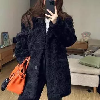 Зимнее пальто из овечьей шерсти, женское, новое свободное утолщенное пальто средней длины S чёрный