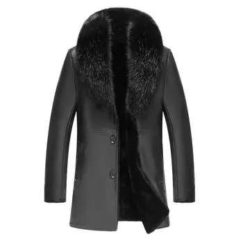 Зимнее пальто мужское из искусственной кожи, модное повседневное, с лацканами, простой, с большим меховым воротником, плюс бархат, с длинными рукавами, на пуговицах, толстая секция XXL чёрный