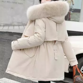 Зимнее пальто по низкой цене на распродаже, женское бежевое пальто с добавлением шерсти, толстая теплая куртка-парка с меховым капюшоном, новинка 2023, модное тонкое хлопковое пальто с поясом M бежевый