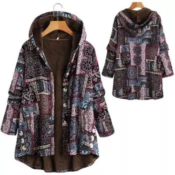 Зимнее пальто с капюшоном для женщин, стеганая куртка в стиле ретро в этническом стиле с цветочным принтом, плюшевая теплая одежда 4XL