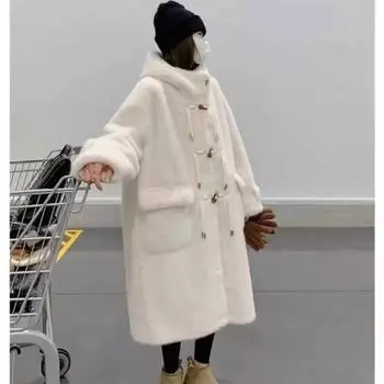 Зимнее пальто с капюшоном, модное роговое пуговицовое пальто с защитой окружающей среды, женская одежда, толстые плюшевые свободные длинные пальто для женщин S белый