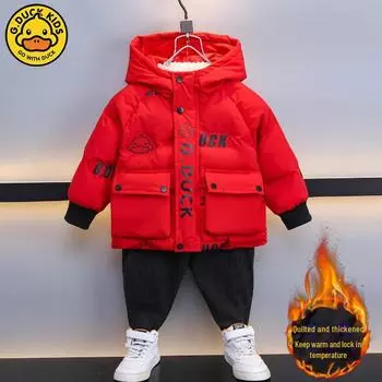 Зимнее пальто с капюшоном Yellow Duck для маленьких мальчиков - плотный хлопок для тепла 110cm красный