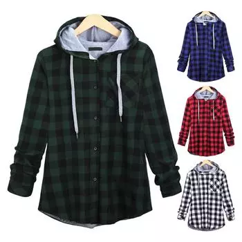 Зимнее пальто с клетчатым принтом, кардиган с капюшоном для женщин, с завязкой на талии, нагрудным карманом, стильная офисная одежда для женщин на осень-зиму M синий