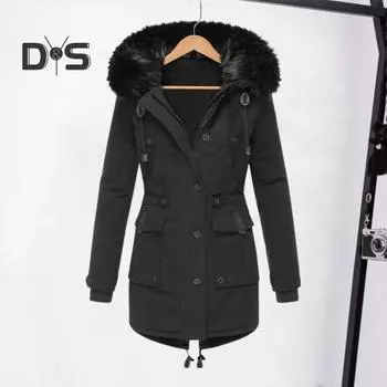 Зимнее пальто с меховым капюшоном и карманами, плюшевая подкладка, большой размер, застежка-молния, затягивающийся шнурок, парка, ветрозащитная, сохраняющая тепло, повседневная верхняя одежда для холодной погоды L розовый