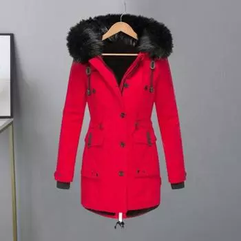 Зимнее пальто с меховым капюшоном и карманами, с плюшевой подкладкой, большого размера, застежка-молния M чёрный