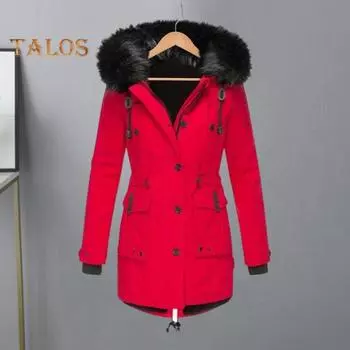 Зимнее пальто с меховым капюшоном и карманами, плюшевая подкладка, большой размер, застежка-молния, затягивающийся шнурок, парка, ветрозащитная, сохраняющая тепло, повседневная верхняя одежда для холодной погоды M чёрный