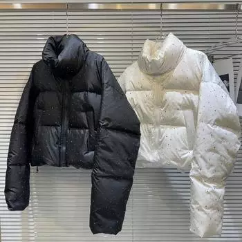 Зимнее пальто с принтом, звездными стразами и воротником-стойкой для женщин M белый