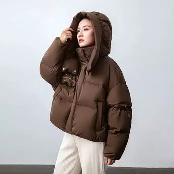 Зимнее пальто со съемными рукавами для женщин, модный короткий фасон с утолщенным материалом M чёрный