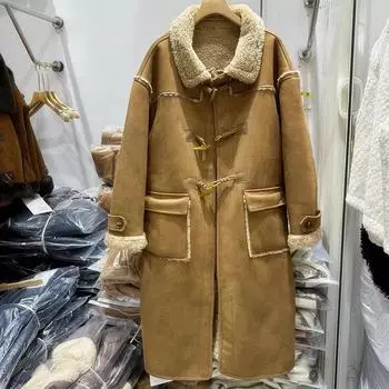 Зимнее пальто средней и длинной длины в стиле Майяра с утолщенной роговой пряжкой из замши и мехом, женское пальто M