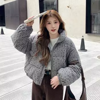 Зимнее пальто свободного кроя с цветочным принтом - утолщенная и теплая хлопковая куртка для женщин S серый