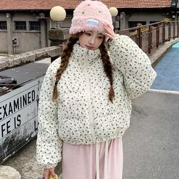 Зимнее пальто свободного кроя с цветочным принтом - утолщенная и теплая хлопковая куртка для женщин S