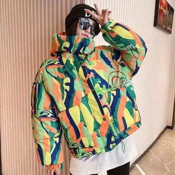 Зимнее пальто свободного кроя с капюшоном для женщин L