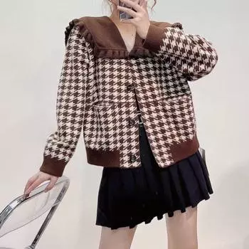 Зимнее пальто «Тысяча птиц» в сетку, новинка 2022 года, женское корейское универсальное осенне-зимнее пальто-кардиган с маленьким кукольным воротником, женский топ