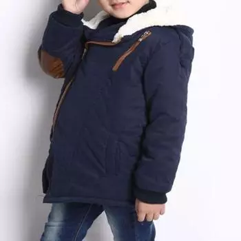 Зимнее пальто Yousheng Bys, плотная флисовая подкладка, застежка-молния, средняя длина, капюшон, лоскутное шитье, длинные рукава, однотонная детская куртка на молнии для детей 4-12 лет 110cm темно-синий
