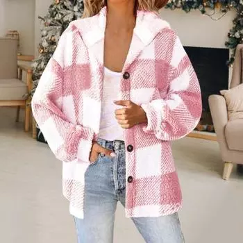 Зимнее пальто Yousheng Lady с плюшевой подкладкой из фланели, контрастного цвета, клетчатый принт, верхняя одежда, однобортная, с капюшоном, плотная, свободная, с длинными рукавами L серый