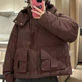 Зимнее пальто, женская теплая одежда, модная женская парка с длинными рукавами и капюшоном, плотная верхняя одежда оверсайз M чёрный