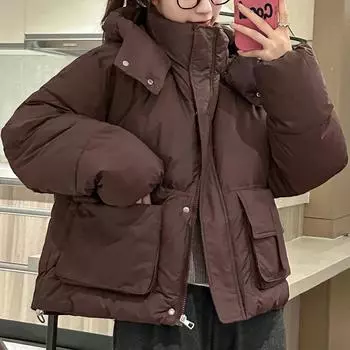 Зимнее пальто, женская теплая одежда, модная женская парка с длинными рукавами и капюшоном, плотная верхняя одежда оверсайз M коричневый