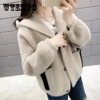 Зимнее пальто, женское бархатное кардиган из искусственной норки, свитер, свободная женская искусственная короткая повседневная теплая куртка, женская верхняя одежда XXL белый
