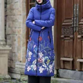 Зимнее пальто Женское длинное парковое с капюшоном большого размера Толстое теплое женское пальто L синий
