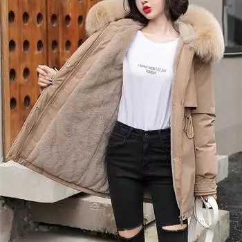 Зимнее пальто женское шерстяное пальто Parker Coat женское меховое пальто с капюшоном M бежевый