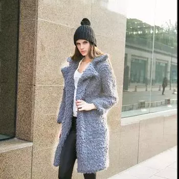 Зимнее пальто женское теплое шерстяное длинное пальто свободное повседневное меховое пальто с длинным рукавом XL чёрный