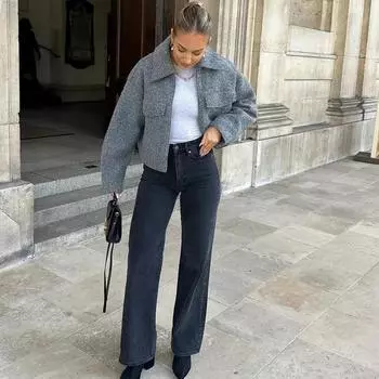 Зимнее пальто Женское твидовое пальто из искусственной шерсти Осеннее демисезонное укороченное серое пальто Женское длинное однотонное короткое пальто XS серый