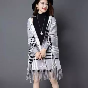 Зимнее пальто женское вязаный свитер осенний наряд шаль шарф женский двойного назначения двухсторонние рукава теплый клетчатый трикотажный плащ one size красный