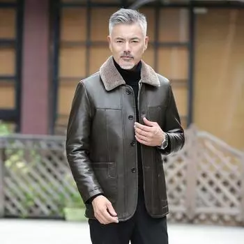Зимнее папино пальто с добавлением бархата и утолщенной новой кожаной курткой среднего возраста, мужская меховая интегрированная кожаная куртка для мужчин среднего и пожилого возраста M