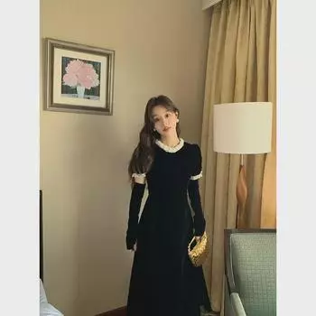 Зимнее платье 2024 года из бархата во французском стиле с элегантными рукавами - Интерпретация красоты F2197 S чёрный