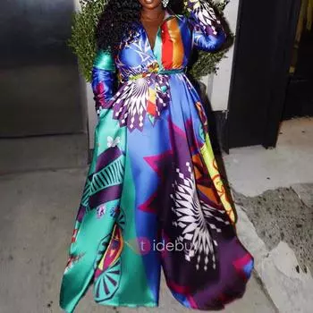 Зимнее платье большого размера с цифровой печатью контрастного цвета 2025 года с большим маятником, длинное платье, включая пояс S