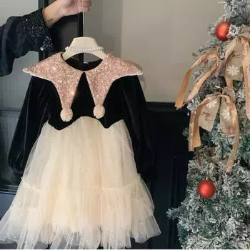 Зимнее платье для девочек на флисовой подкладке Платье для дня рождения Платье принцессы 100cm чёрный