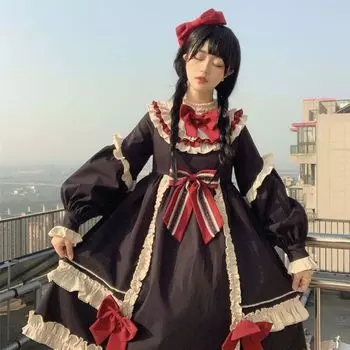 Зимнее платье Лолиты, классическое осенне-зимнее утепленное платье Лолиты с длинными рукавами для девочек L чёрный