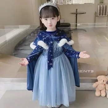 Зимнее платье принцессы Эльзы из мультфильма «Холодное сердце» 2025 года с длинными рукавами для девочек M (80cm Length)